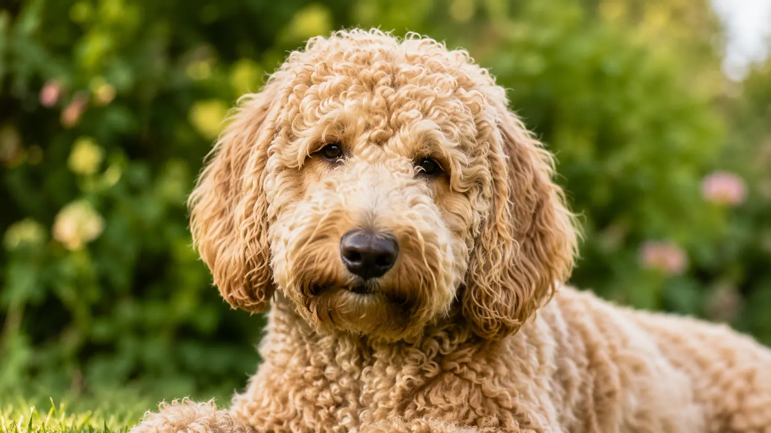 Portrait of an adult apricot Australian Cobberdog with a dense, curly coat