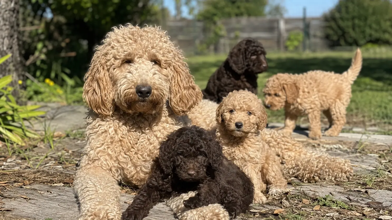Apricot Australian Cobberdog mother lying in the sun surrounded by four puppies from her litter
