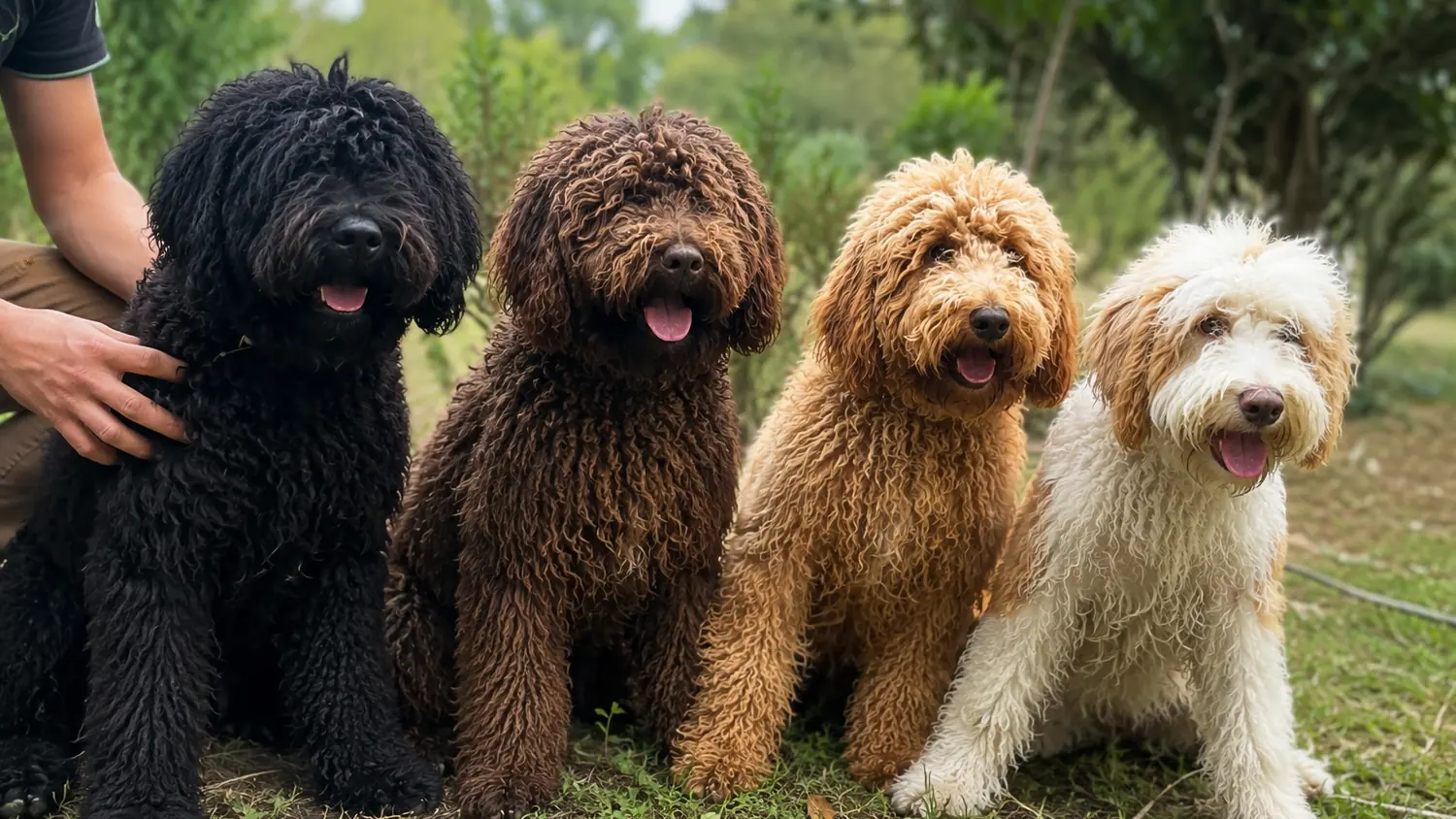 Four adult Australian Cobberdogs sitting in a row while a hand strokes the black one