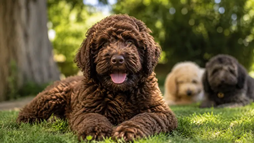 Chocolate Australian Cobberdog puppy lying in the grass with two more puppies out of focus behind