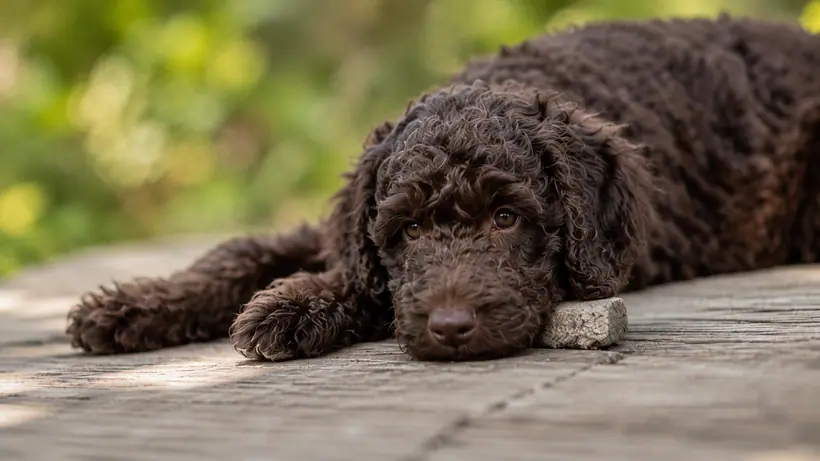 Chocolate Australian Cobberdog puppy lying with its head resting on wooden boards