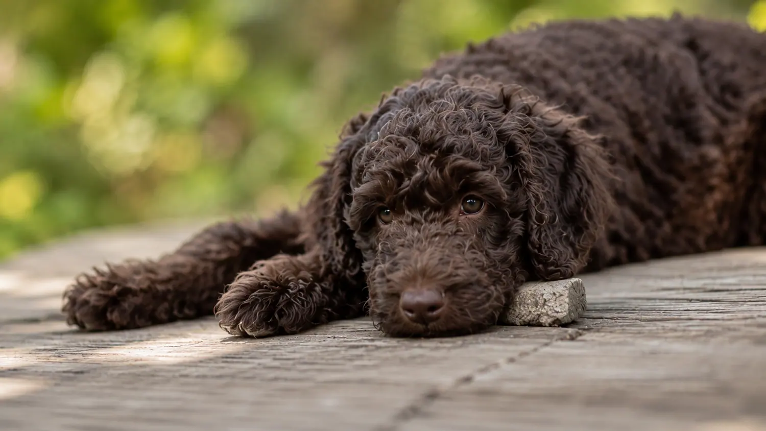 Chocolate Australian Cobberdog puppy lying with its head resting on wooden boards