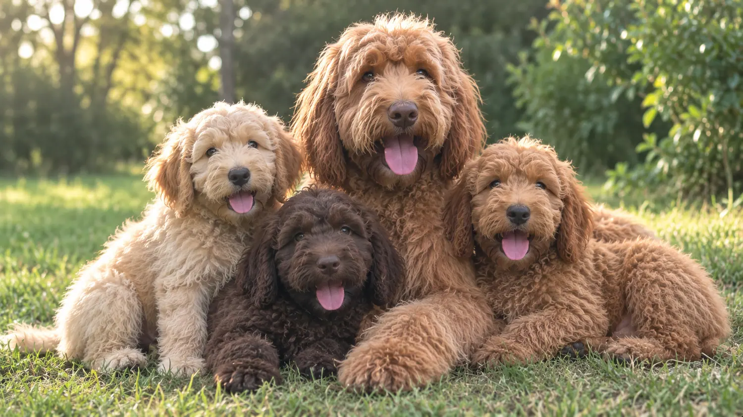Red Australian Cobberdog mother lying in the grass with three of her puppies backlit by the sun