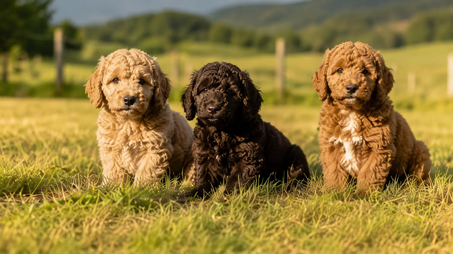 Three Australian Cobberdog puppies in cream, black and red sitting in a meadow in evening light