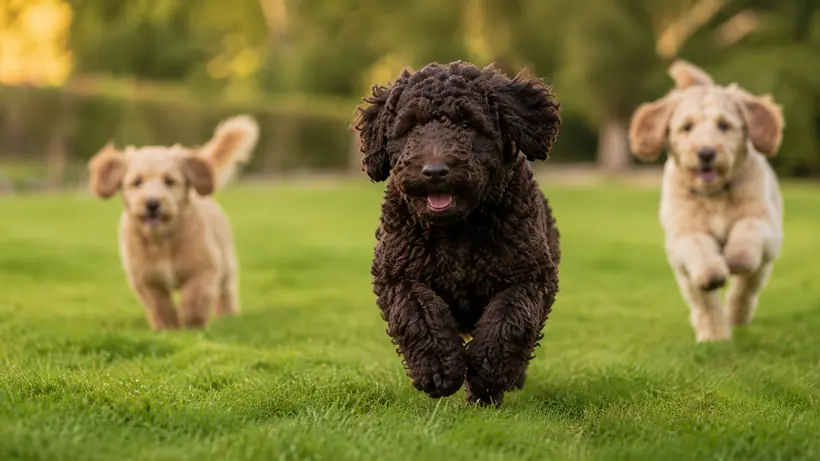 Three Australian Cobberdog puppies running towards the camera across a garden lawn