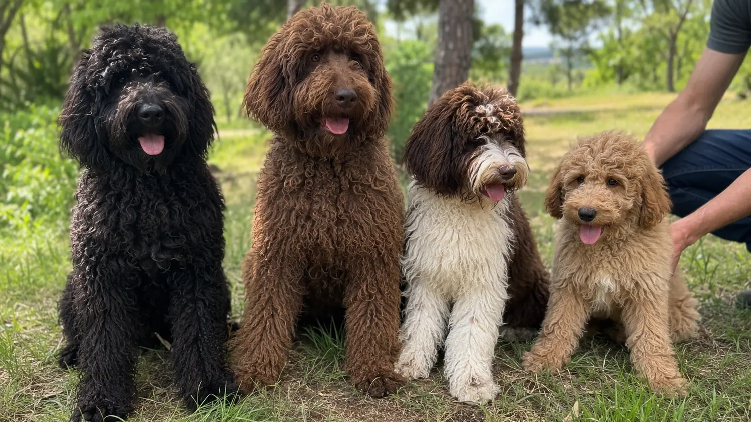 Four Australian Cobberdogs of different sizes sitting in a row