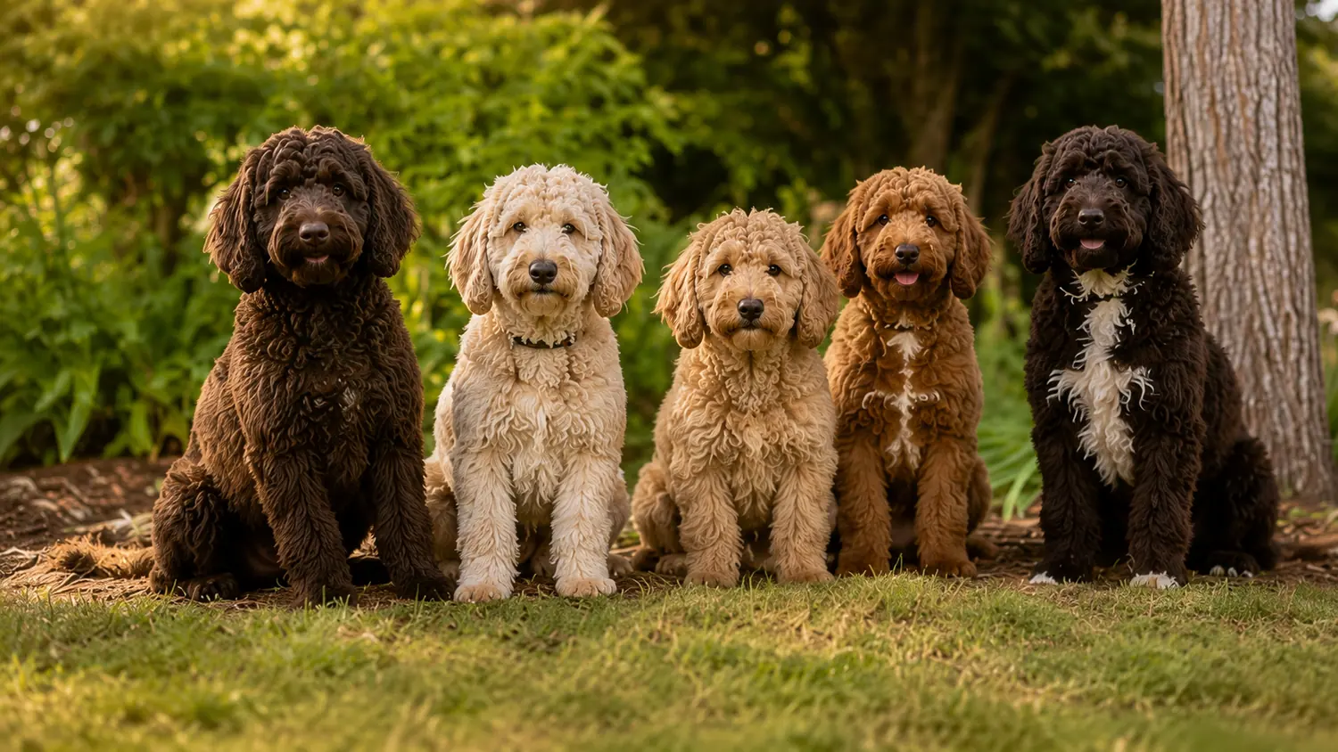 Five adult Australian Cobberdogs of different colours sitting in a row in the garden
