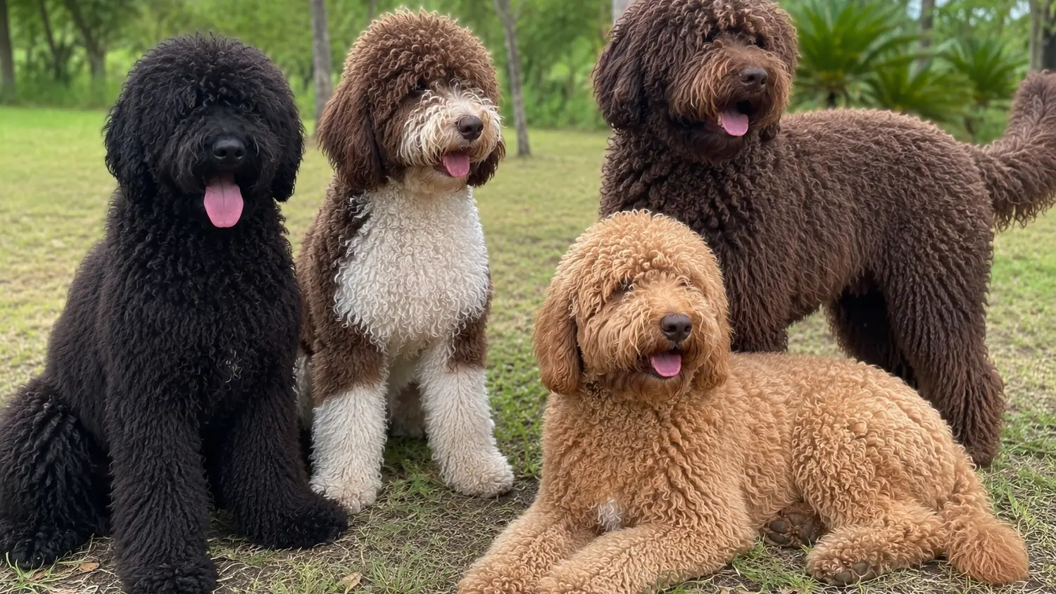 Four adult Australian Cobberdogs in black, chocolate, parti and red on a garden lawn