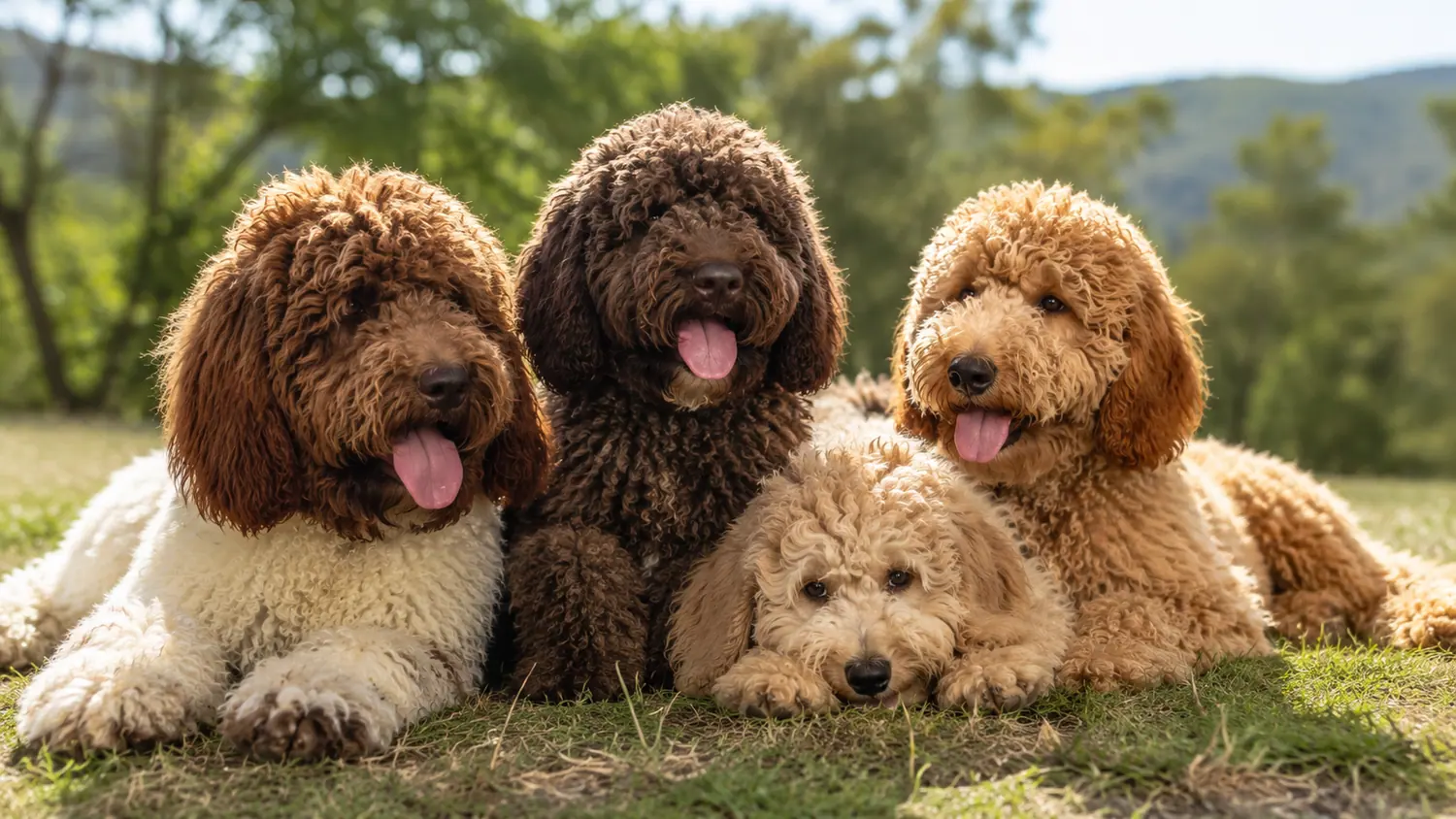 Four Australian Cobberdogs lying side by side on the grass