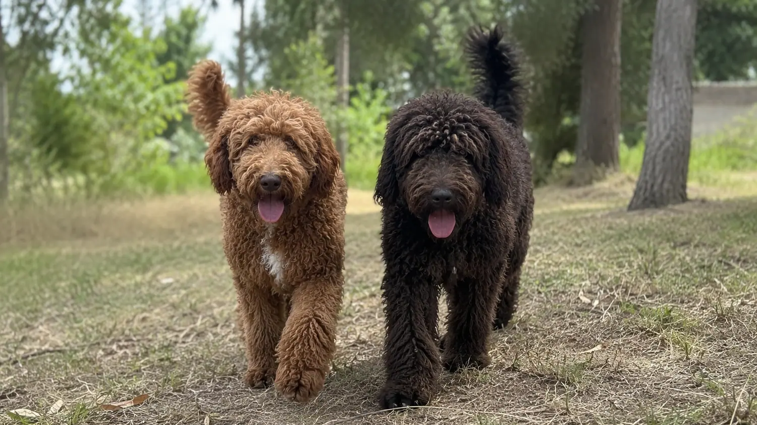 Two adult Australian Cobberdogs, red and black, walking side by side along a path between trees
