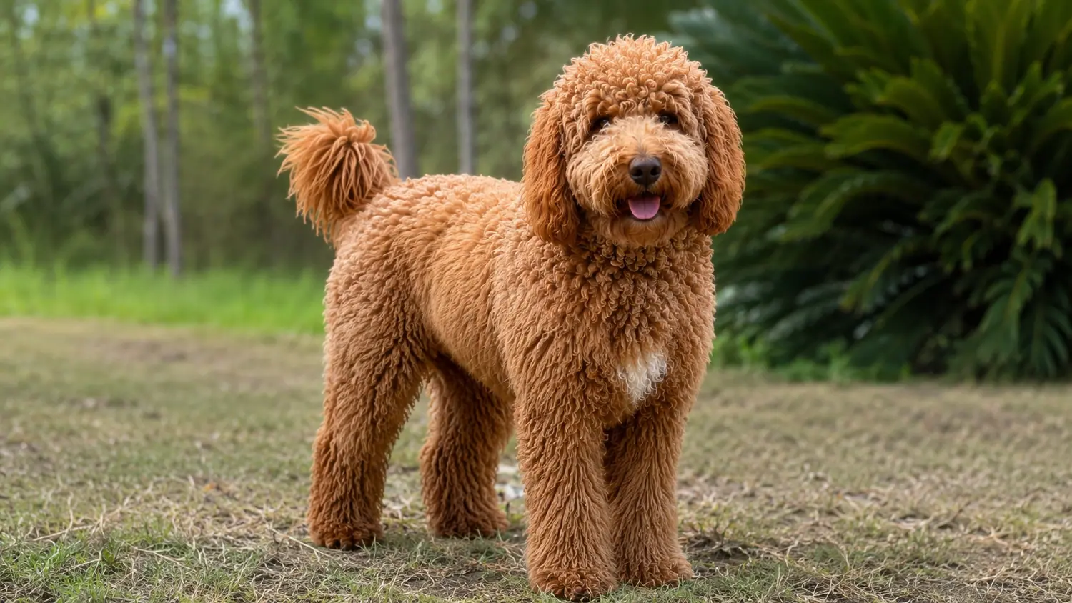 Red adult Australian Cobberdog standing in the grass beside a large palm