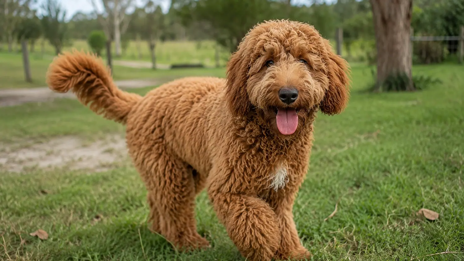 Red adult Australian Cobberdog standing in the grass beside a country path
