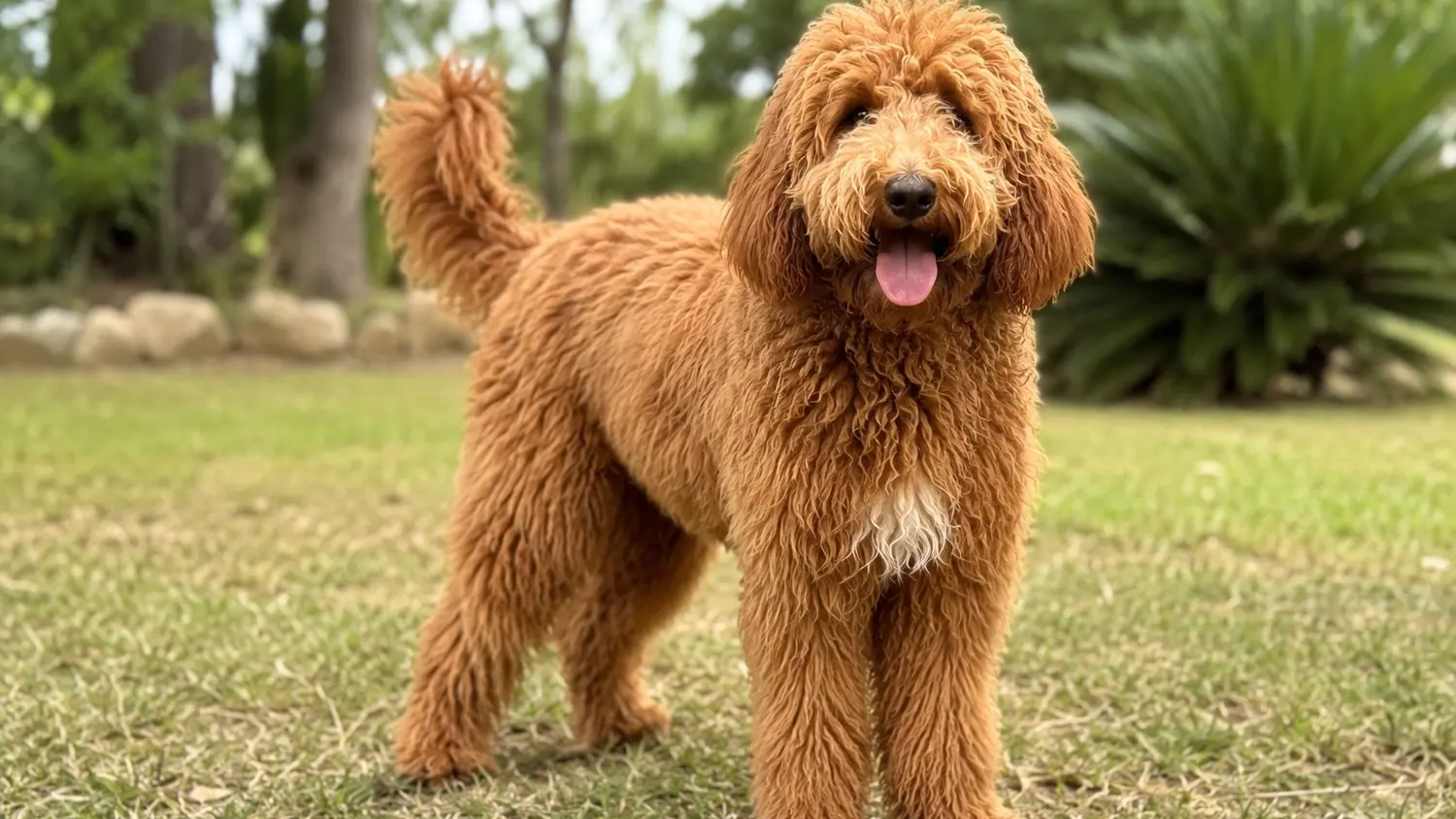 Red adult Australian Cobberdog standing on the grass and looking at the camera