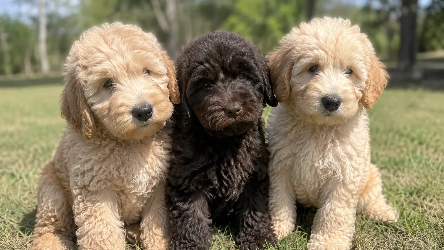 Three Australian Cobberdog puppies in cream and chocolate sitting side by side in the grass