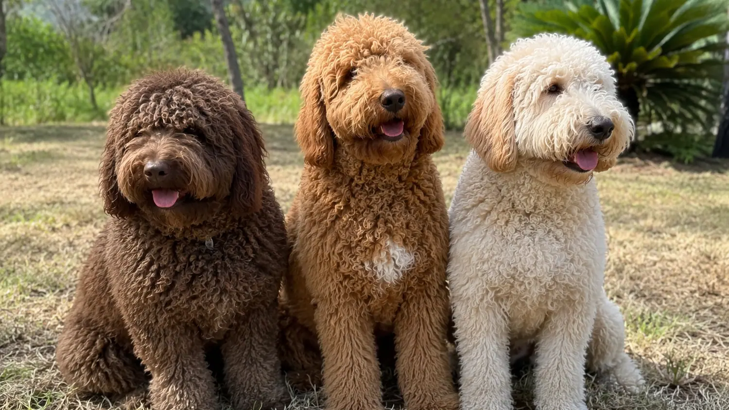 Three adult Australian Cobberdogs in chocolate, red and cream sitting in a row on the grass