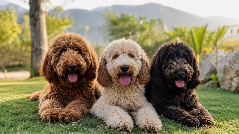 Three adult Australian Cobberdogs lying in the grass with a mountain in the background