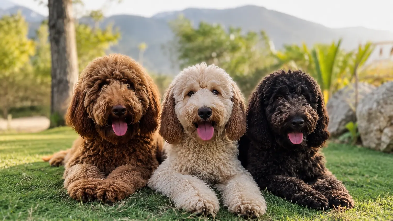 Three adult Australian Cobberdogs lying in the grass with a mountain in the background