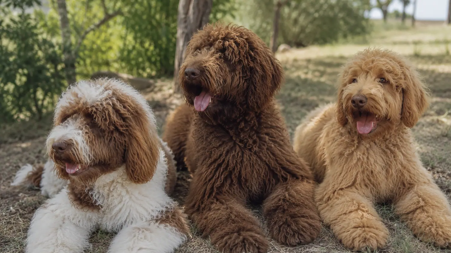 Three adult Australian Cobberdogs resting in the shade of trees