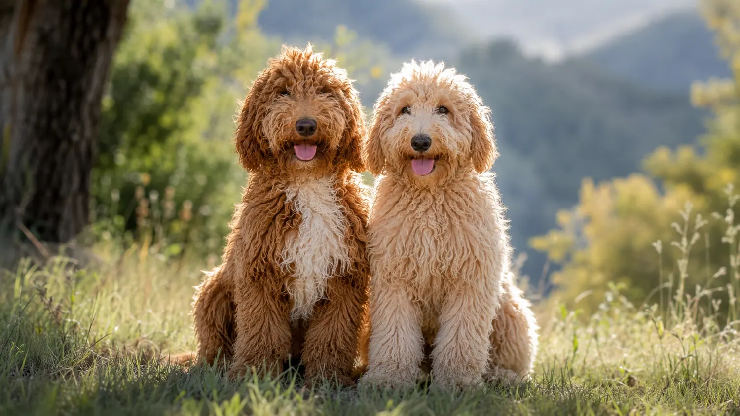 Two adult Australian Cobberdogs, red and cream, sitting in the grass in front of mountains in golden evening light
